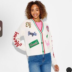 Target holiday Christmas festive graphic patchwork cardigan size small NWT